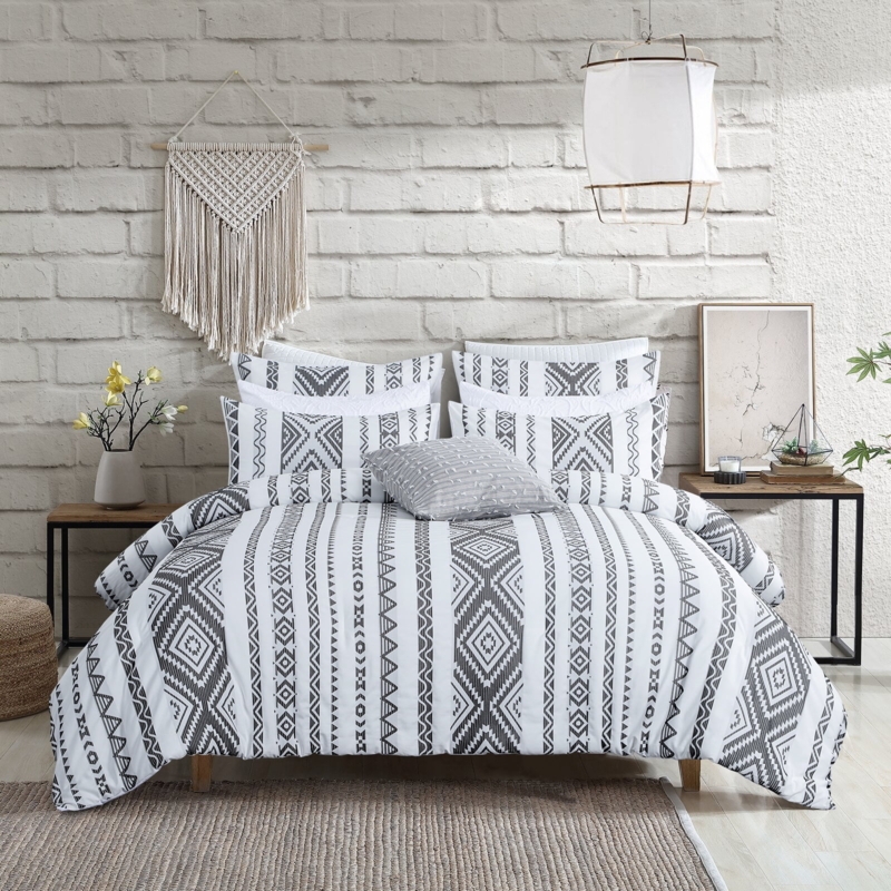 White Comforter Set with Black Geometric Tufting and Fringe Details