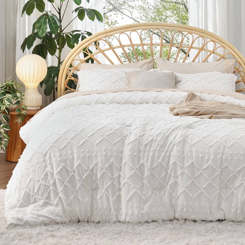 White Comforter Set with Geometric Tufted Embroidery, Boho Chic Bedding.