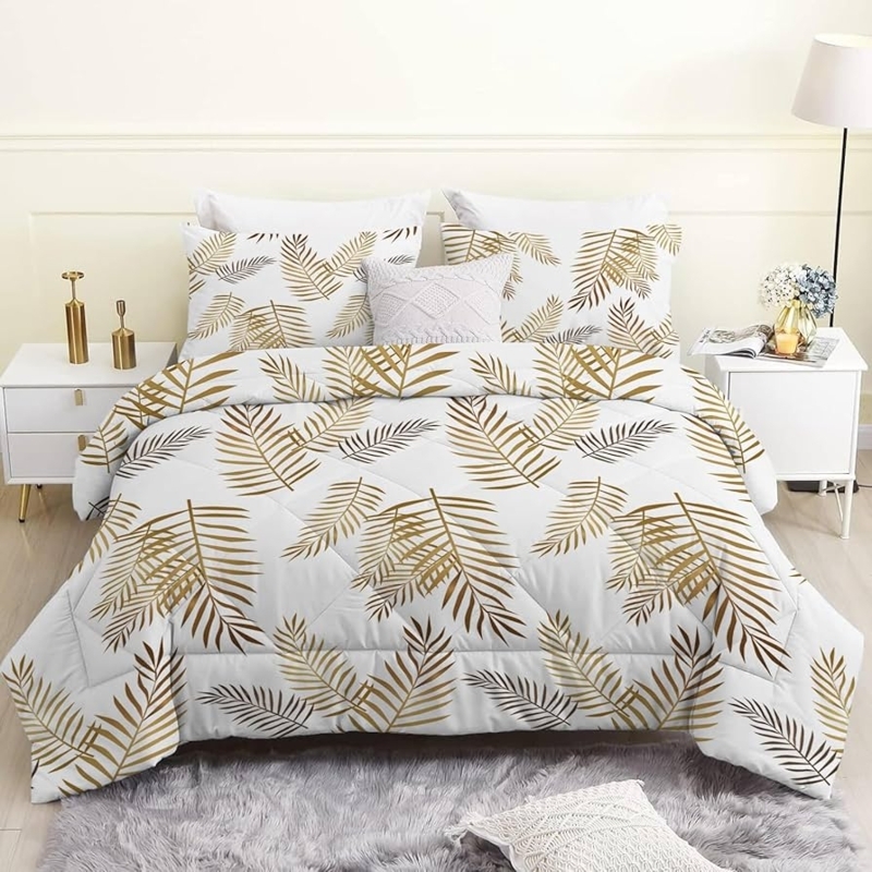 White Comforter Set with Gold Palm Leaves, Reversible