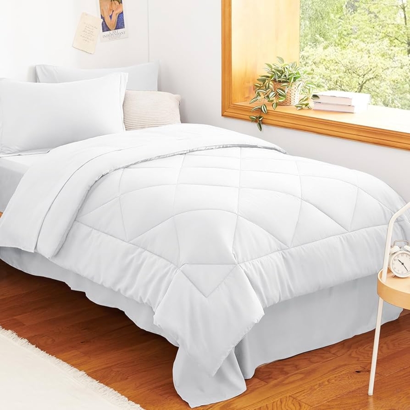 White Comforter Set with Grey Sheet Contrast and Box Stitch
