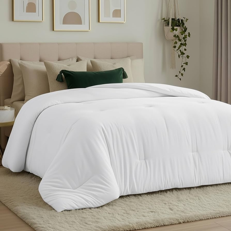 White Comforter with Box Stitch, Piped Edges and Corner Tabs