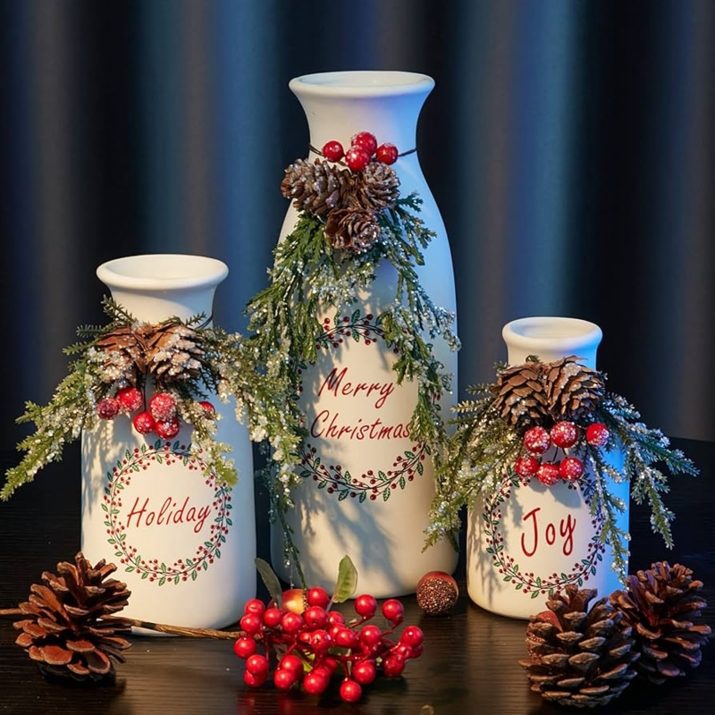 White Flocked Greenery Bottles with Pinecones Christmas Ceramic Decor