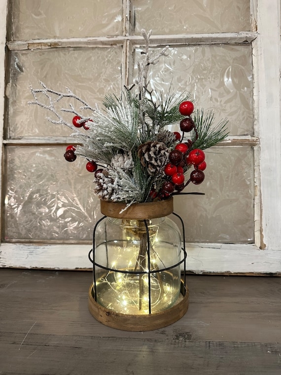 Wire Caged Glass Centerpiece Pine Cones Illuminated Winter Arrangement