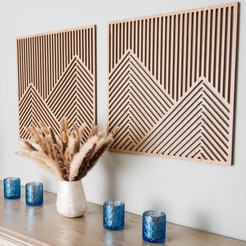 Wood Mountain Wall Art Set Slatted Geometric Panels Decor