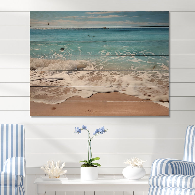 Wood Plank Wall Art Horizontal Slats Shoreline Subject Turquoise Tan