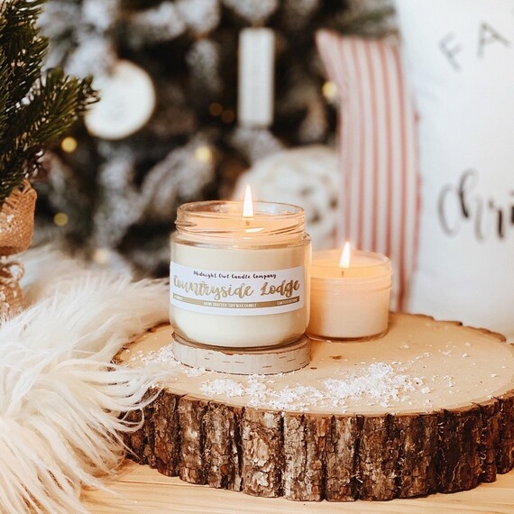 Wood Slice Candle Display with Bark Edge and Festive Styling