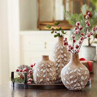 Wood Toned Vase Set Embossed Leaf Motif Farmhouse Winter Styling