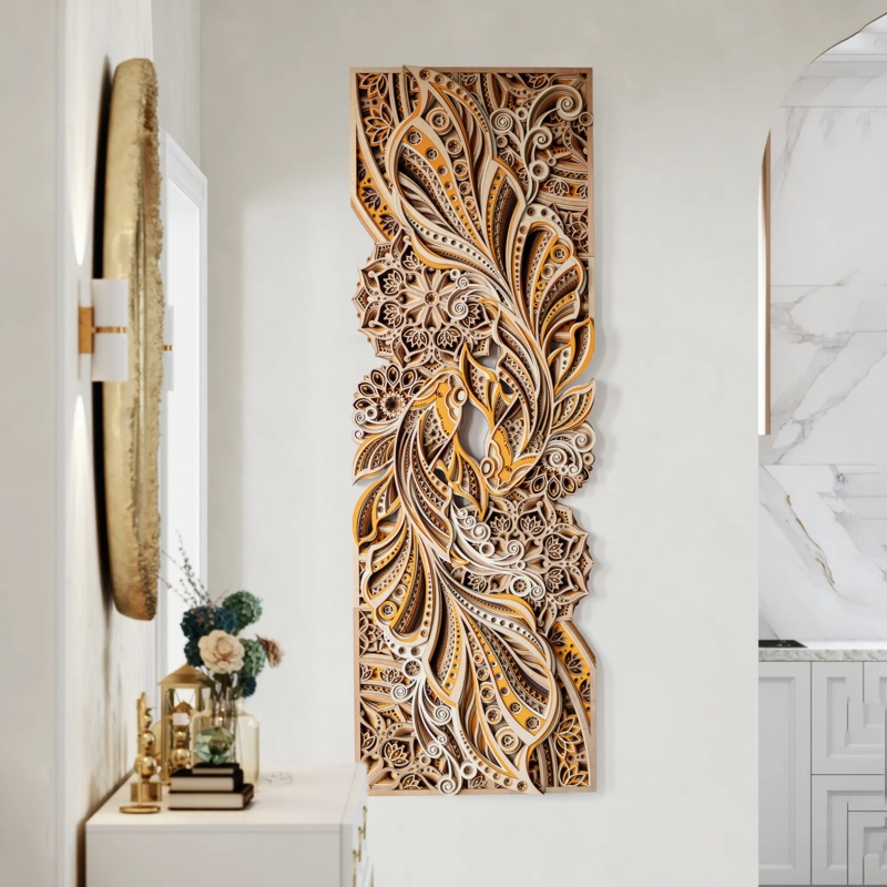 Wood Wall Art Intricate Layered 3D Laser Cut Koi Mandala Panel