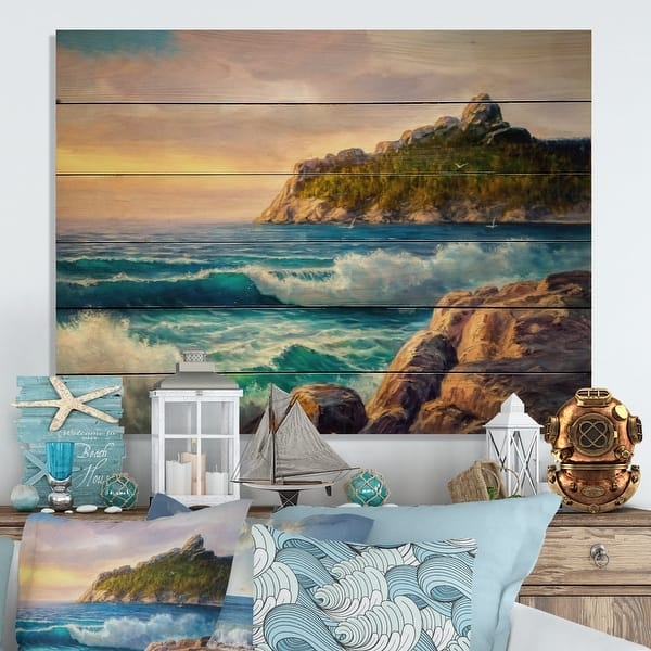 Wood Wall Art Ocean Sunset Scene Horizontal Plank Design Pine Texture