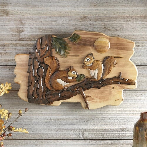 Wooden Squirrel Wall Art Lodge Style Intarsia Relief Rustic