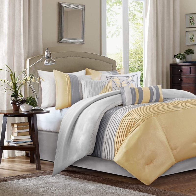 Yellow and Gray Striped Comforter Set Faux Silk Modern Color Blocking