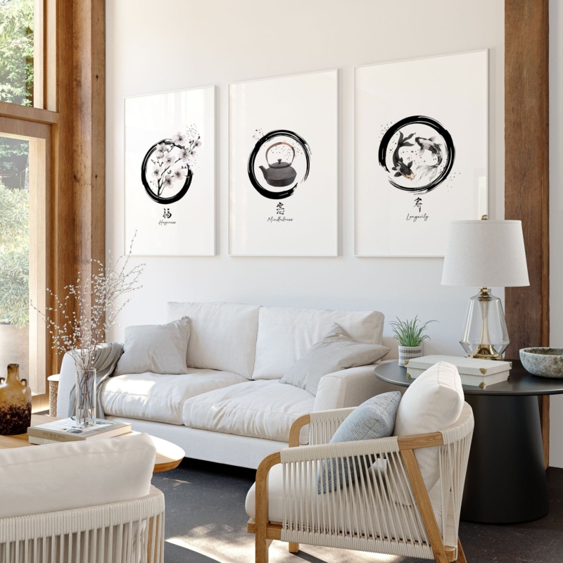 Zen Wall Art Set, Ink Wash Triptych Prints, Minimalist Japandi Decor