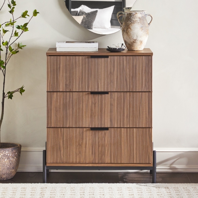 3 Drawer Chest Mocha Reeded Surface Black Metal Base