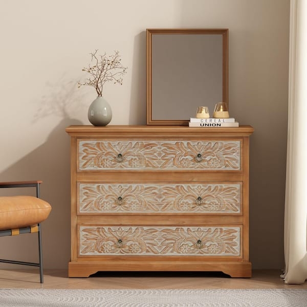 3-Drawer Dresser with Carved Floral Panels and Whitewash