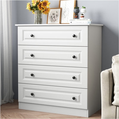 4-Drawer Dresser White Recessed Panels Black Knobs Transitional