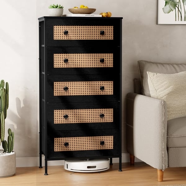 5-Drawer Chest: Black Frame, Rattan Fronts, Raised Open Base.