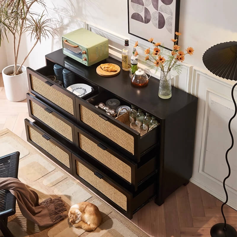55" Rattan Dresser - 6 Drawers - French Style - Black  WEHOMZ