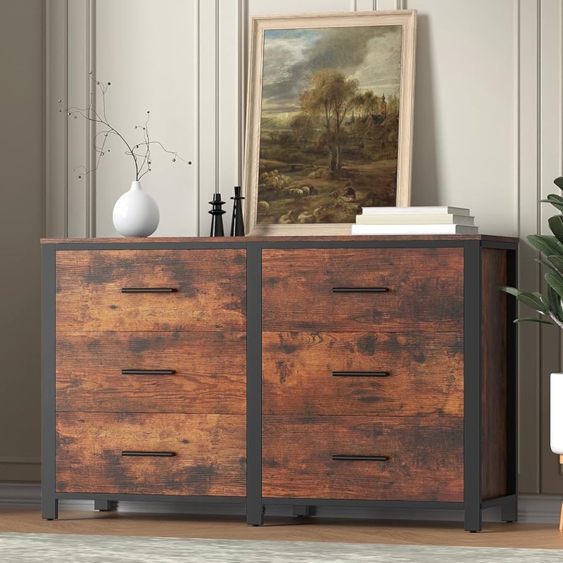 6-Drawer Dresser Rustic Brown Wood-Grain, Industrial Black Metal Frame