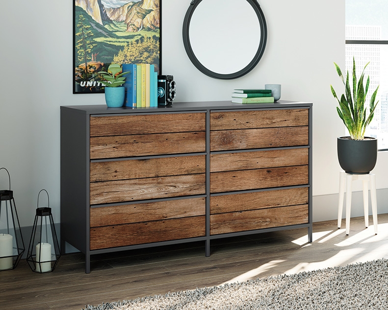 6-Drawer Dresser Styling with Plank Fronts and Metal Frame