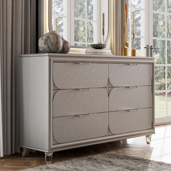 6 Drawer Dresser with Acrylic Legs, Pebbled Texture and Metallic Finish
