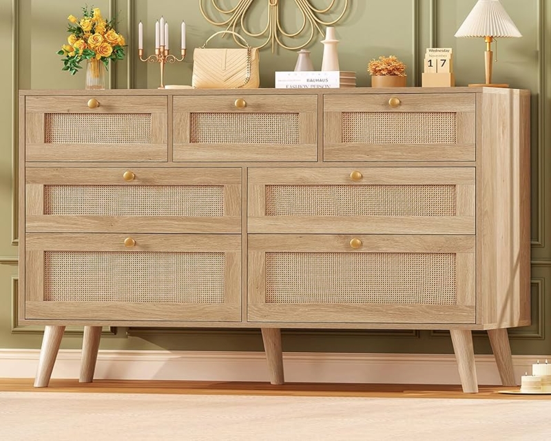 7-Drawer Dresser with Rattan Panels and Tapered Peg Legs
