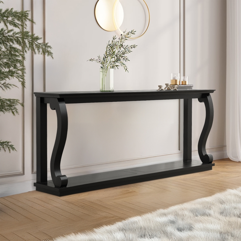 72 Inch Console Table with Dramatic S-Curved Legs and Bottom Shelf
