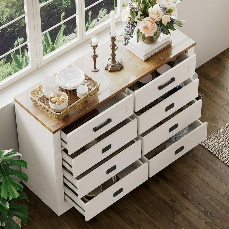 8-Drawer Dresser: Antique White with Wood Top and Black Horizontal Pulls
