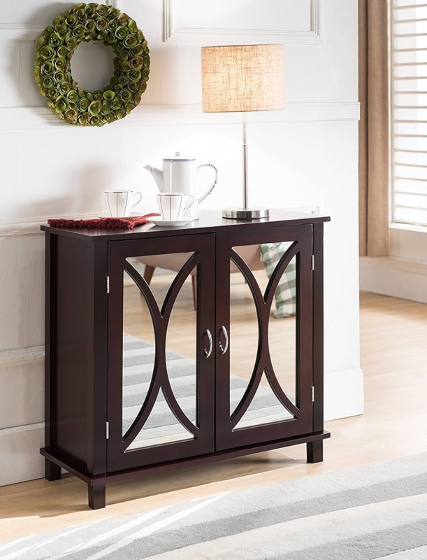 Accent Cabinet Arched Mirrored Doors Espresso Silver Hardware Glam
