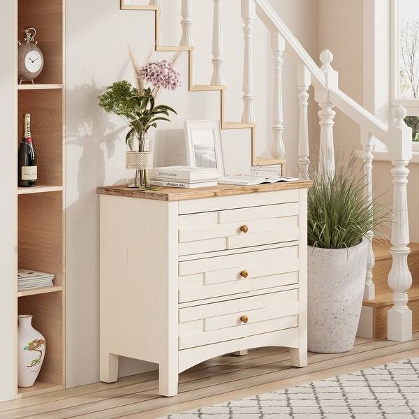 Accent Chest, Slatted Drawers, Two-Tone Cream and Wood Finish