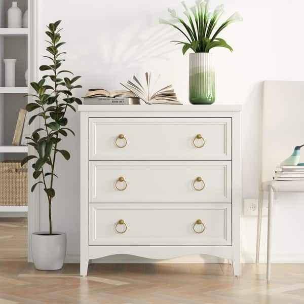 Accent Chest White Three Drawers with Ring Pulls and Scalloped Base