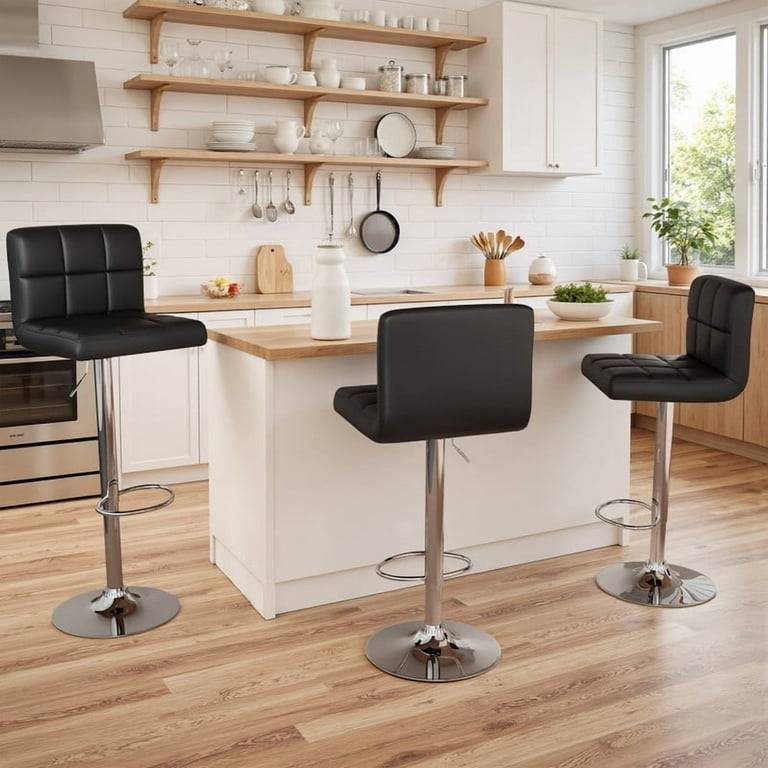 Adjustable Bar Stool Chrome Pedestal Base Quilted Backrest