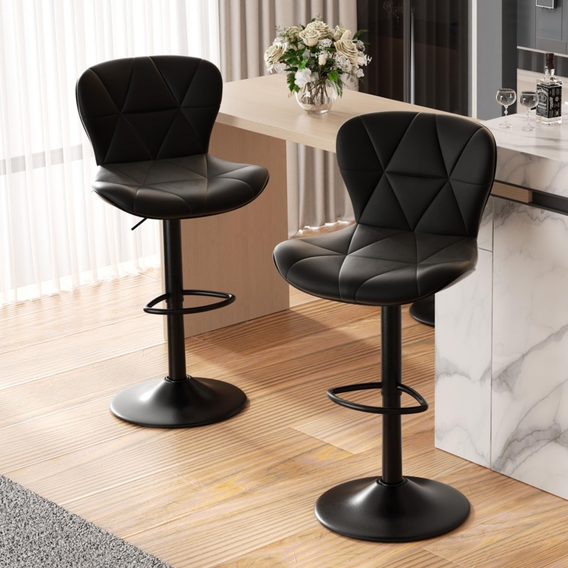 Adjustable Bar Stool Diamond Quilted Swivel Base Black