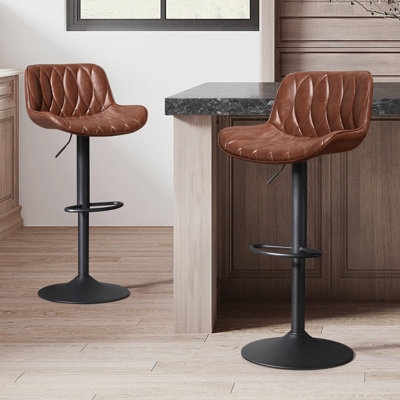 Adjustable Bar Stool Pedestal Base Brown Quilted Seat