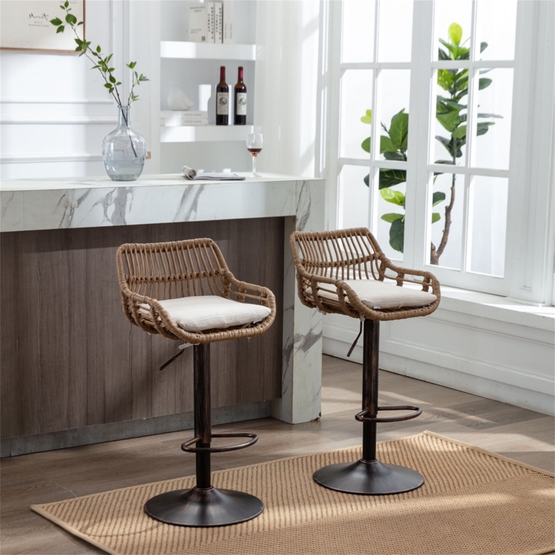 Adjustable Bar Stool with Woven Rattan Back and Bronze Base