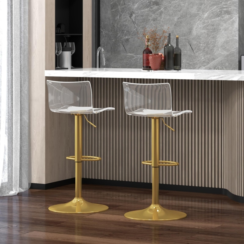 Adjustable Bar Stools with Gold Pedestal Base & Transparent Acrylic Seat