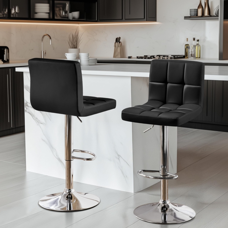 Adjustable Black Leather Barstools Quilted Tufting Chrome Pedestal