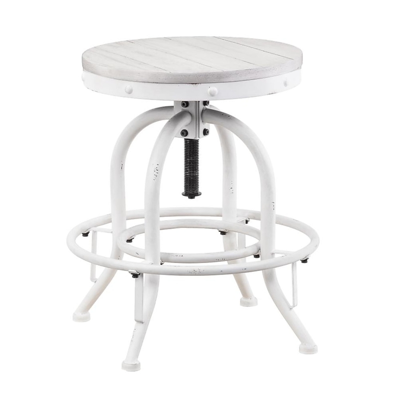 Adjustable Stool, Distressed White Metal Base, Round Planked Wood Seat, Swivel