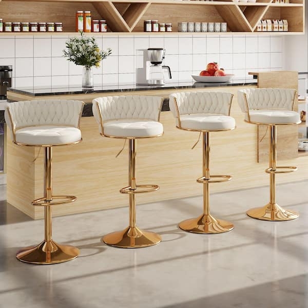 Adjustable Swivel Barstools White Quilted Upholstery Gold Pedestal