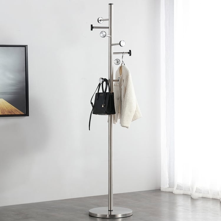 Airy Coat Rack, Brushed Silver Metal, Staggered Arms, Circular Base