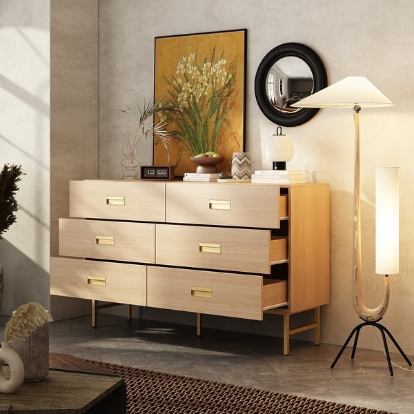 Airy Double Dresser: Blonde Wood Finish with Slender Gold Legs (72 chars)