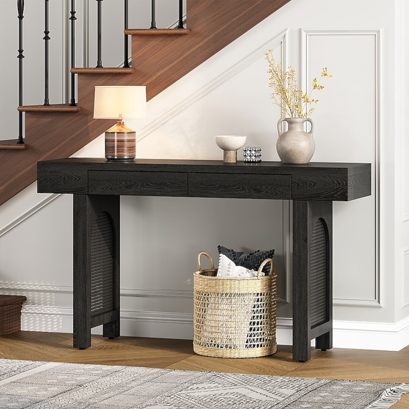Antique Black Console Table Arched Rattan Legs