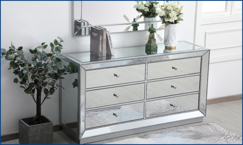 Antique Silver Dresser with Beaded Trim and Mirrored Panel Details