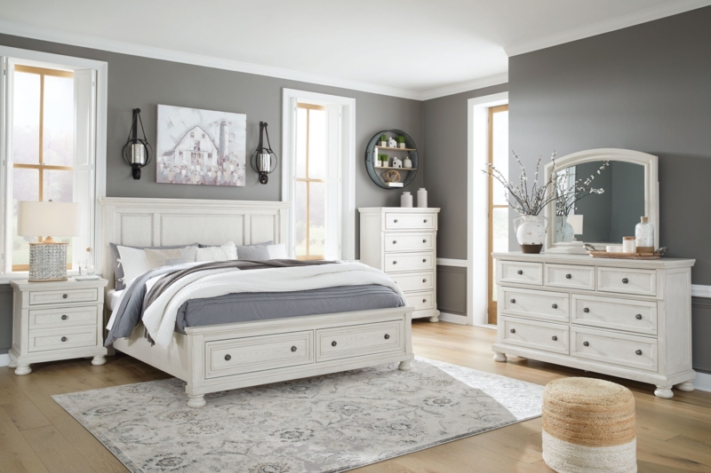 Antique White Bedroom Set featuring Storage Bed with Bun Feet