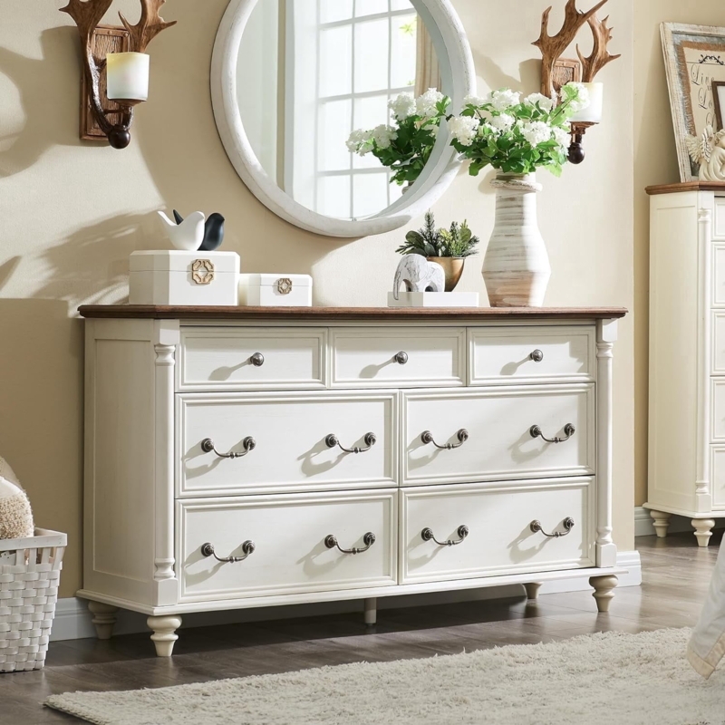 Antique White Dresser Mixed Hardware Wood Top Rustic 7-Drawer Bun Feet