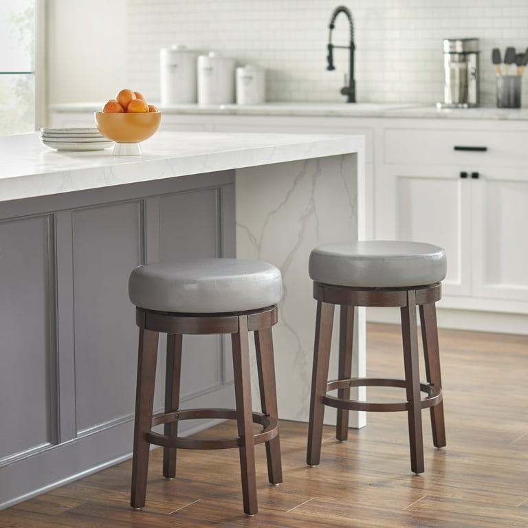 Armless Round Seat Barstools Grey Upholstery Dark Wood Swivel Base
