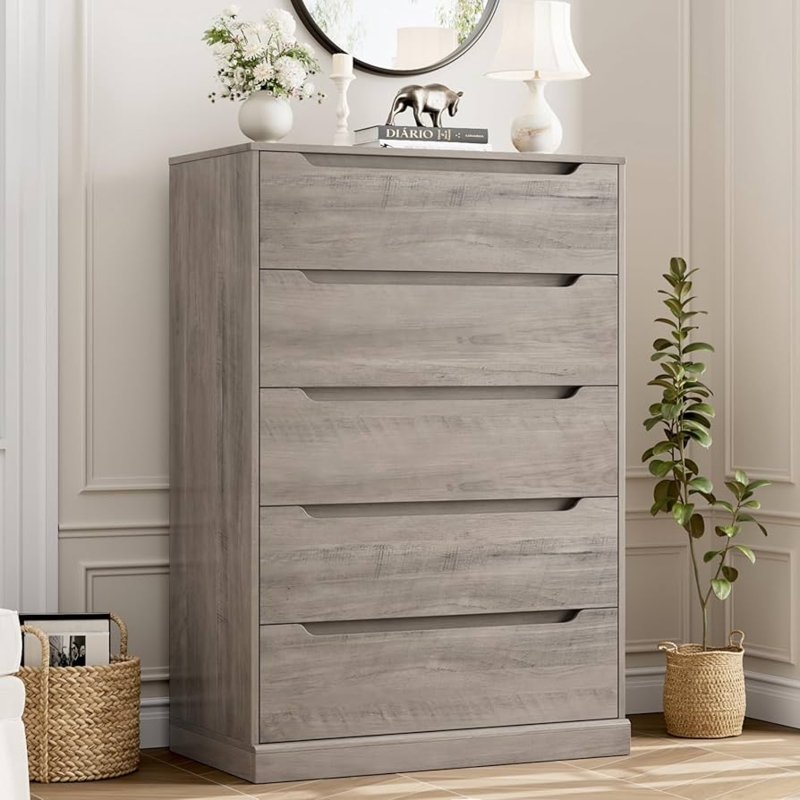 Ash Gray 5 Drawer Dresser with Cut-Out Handles