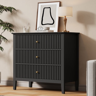 Bachelor Chest Matte Black Ribbed Fronts Gold Knobs Transitional