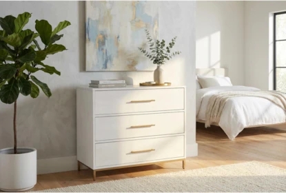 Bachelor's Chest With an Elevated Metal Base and Gold Pulls