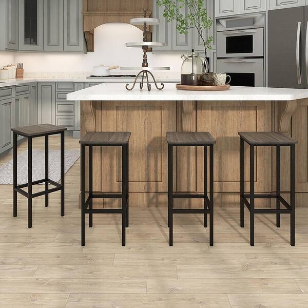 Backless Bar Stool Gray Wood Seat Black Metal Frame Industrial Kitchen