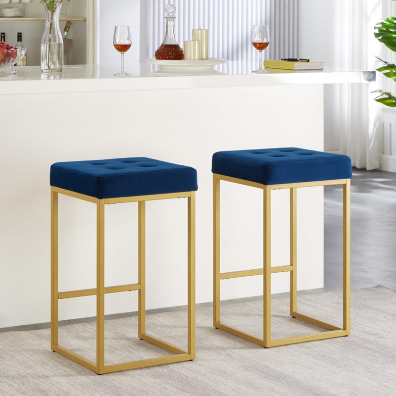 Backless Bar Stool in Navy Velvet with Tufted Seat and Gold Base